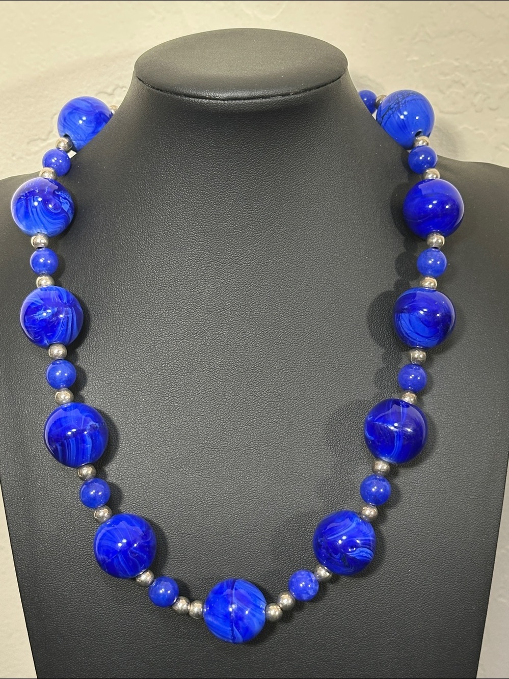 Blue Two Tone Glass & Silver-tone Beaded Necklace